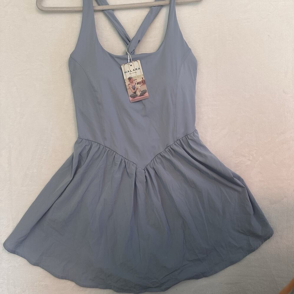 Halara SoftlyZero Airy Backless Twisted Flare Active Dress L Blue NWT